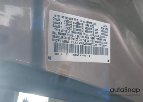 2004 Honda Odyssey Ex-L Res from USA, damaged, VIN 5FNRL18074B073706